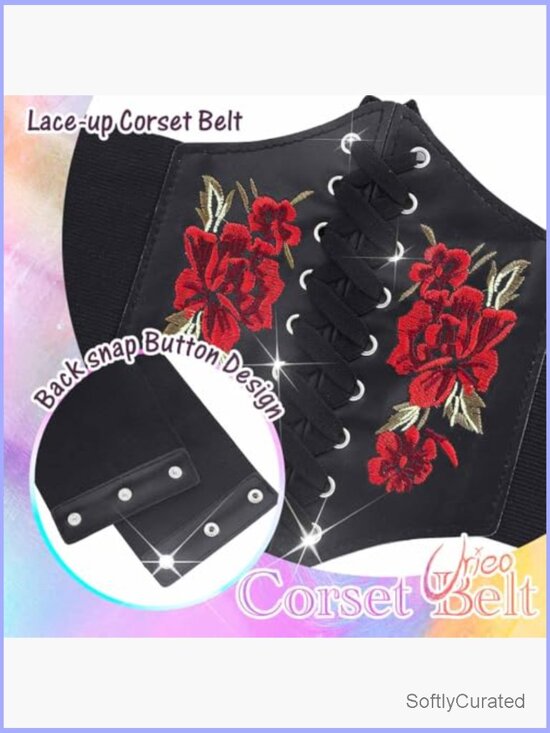 Wide Leather Corset Belt with Floral Embroidery, Adjustable Lace-Up Waist main image 4